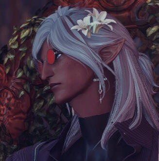 A headshot of Mephi. He's an elezen with dark brown skin, lavender hair, and he's wearing bright red pince-nez glasses.