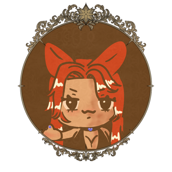 A chibi of Naid. Drawn by martineei on bsky! It's in a tarnished brass frame.