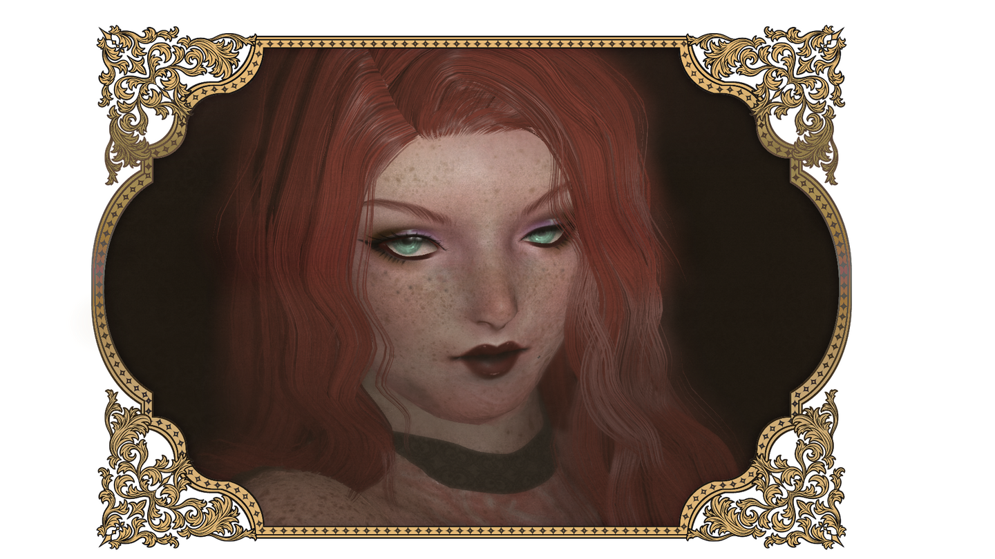 A headshot of Naid in a rectangular landscape frame that's a pale gold. She's a viera with light-medium skin, red hair, verdigris green eyes, and scars along the left side of her face, extending downward. She wears heavy red lipstick and purple eyeshadow,