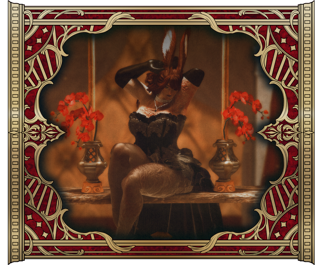 A photo of Naid in a gold frame with red embossed material between the gaps. She's in a corset with a long bustle, sitting on a swing with two red moth orchids on each side of her. Her hands are over her head and she's pulling her hair back as she coyly lo
