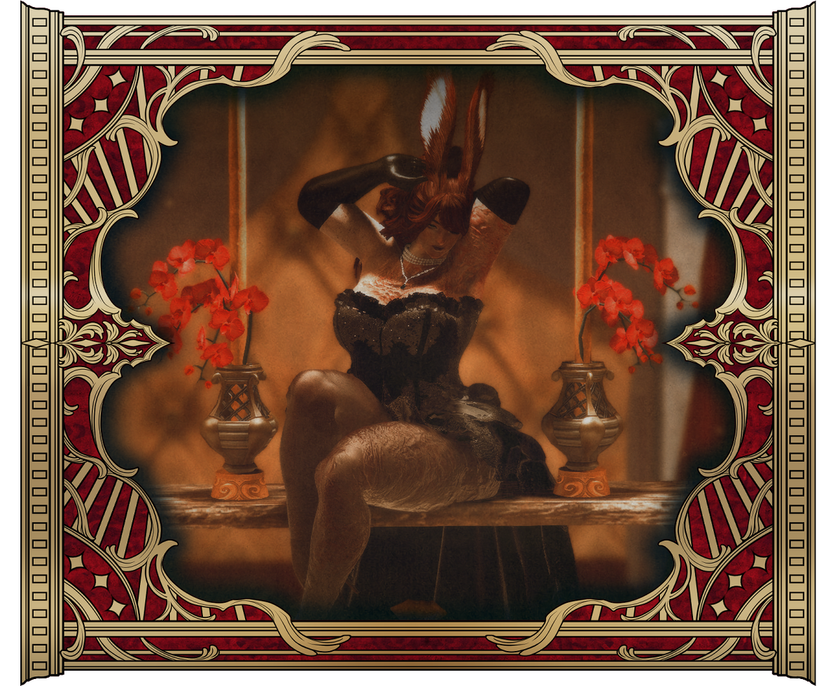 A photo of Naid in a gold frame with red embossed material between the gaps. She's in a corset with a long bustle, sitting on a swing with two red moth orchids on each side of her. Her hands are over her head and she's pulling her hair back as she coyly lo