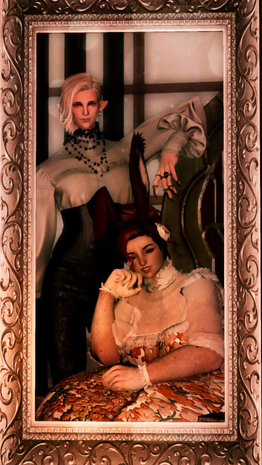 A portrait painting of Naid in a yellow dress with a pale unfamiliar Elezen behind her. He has light pink hair and is dressed in a flowy shirt, corset, and tight pants while he leans on the chair Naid sits on. The absence of her scars and her expression su