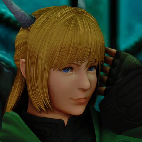 A headshot of Tab-I-Carrin, a light skinned padjali with horns, corn yellow hair, and blue eyes.