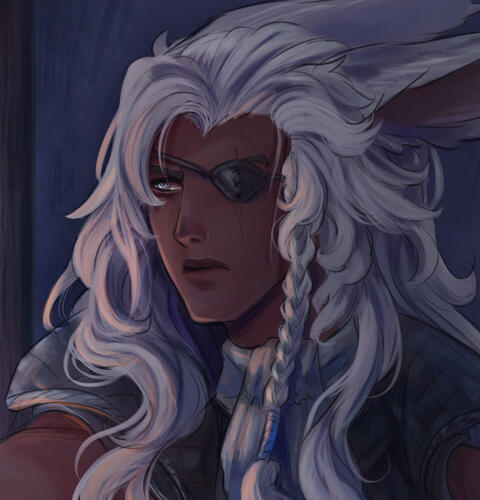 A headshot of Meiridan, a viera with dark brown skin, curly, long white hair, grey eyes, and an eyepatch over his left eye.