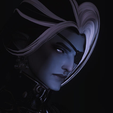 A headshot of The Nameless, who Naid refers to as George. He's an elezen with grey skin, long black hair with white streaks, blue eyes, and an eyepatch over his left eye.