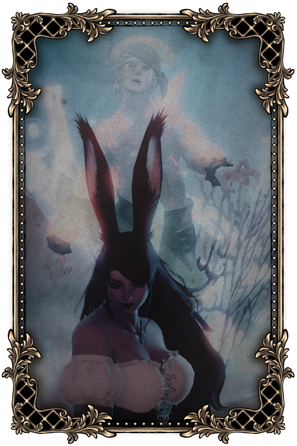 An image of Naid in a nickel and black frame. She's looking downward and towards the left, and behind her is the corpse of a sailor reaching for her against a blue-toned background of coral.