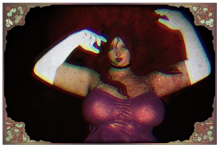 A blurry, dreamlike photo of Naid in a pink shiny dress and white gloves. Her hair fans out above her and she has her arms at and above her head, like she's falling in water.