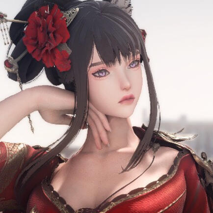 A headshot of Mimi. She's a pale miqote with black hair tied into an updo and lavender eyes.