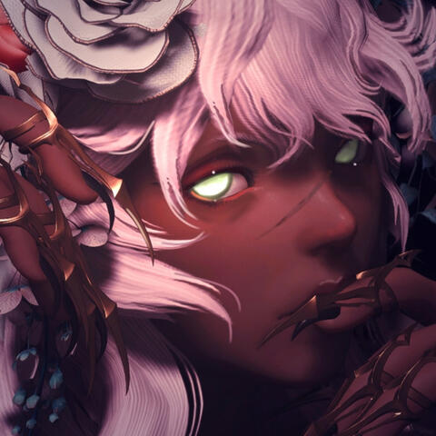 A headshot of Martin. They're a miqote with dark brown skin, pink hair, and bright green eyes that slightly glow.