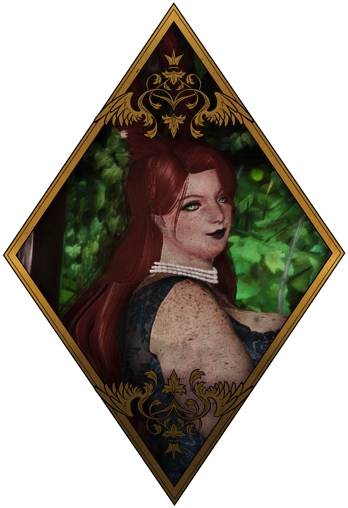 A photo of Naid in a gold diamond shaped frame. She's looking over her shoulder with an odd smile, looking at the camera.